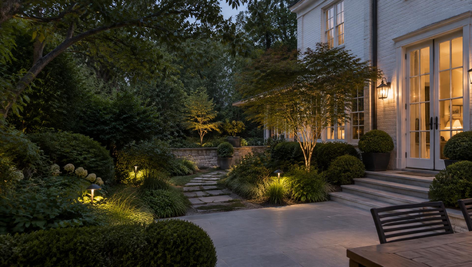 An intimate residential garden with softly lit paths and a white brick home at dusk