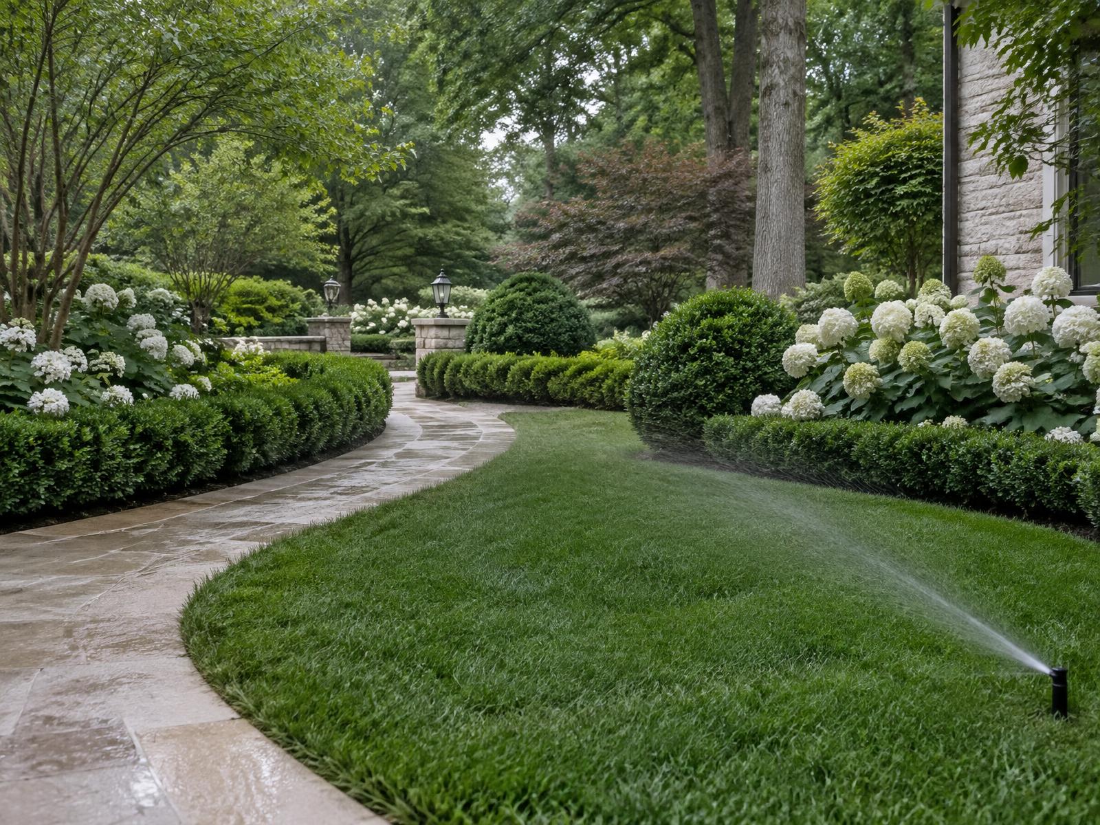 Precision irrigation watering a lush garden with hydrangeas and boxwood